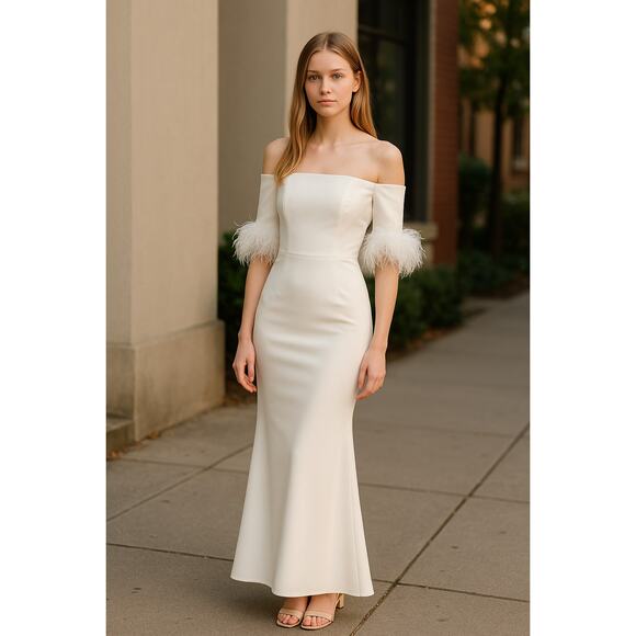 MAC DUGGAL Dress Size 4 Evening Gown NEW White Feather Trim Off The Shoulder - Picture 4 of 9